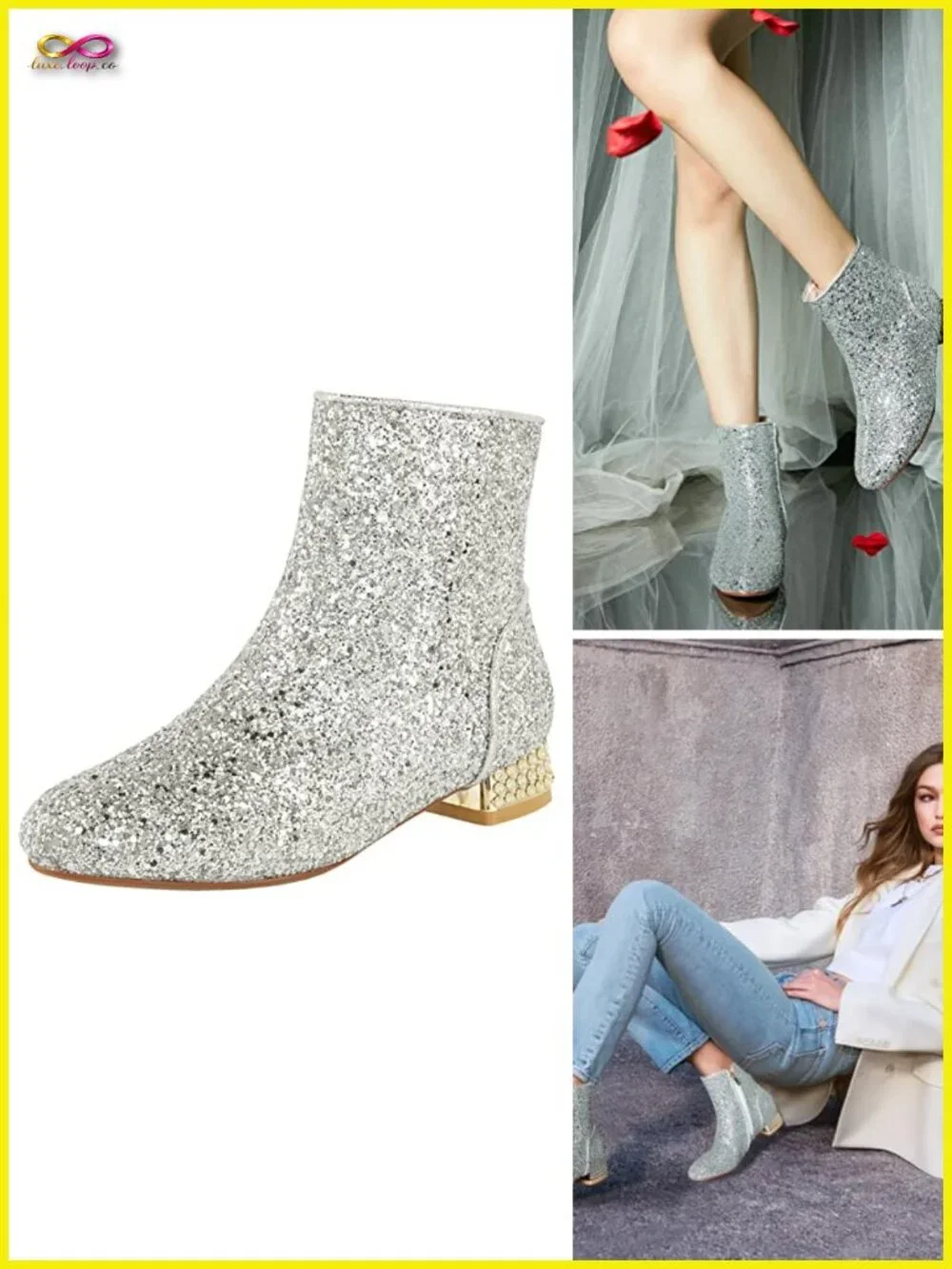 Sequin Ankle Boots Low Heel Sparkly Glitter Booties Chunky Block Heel